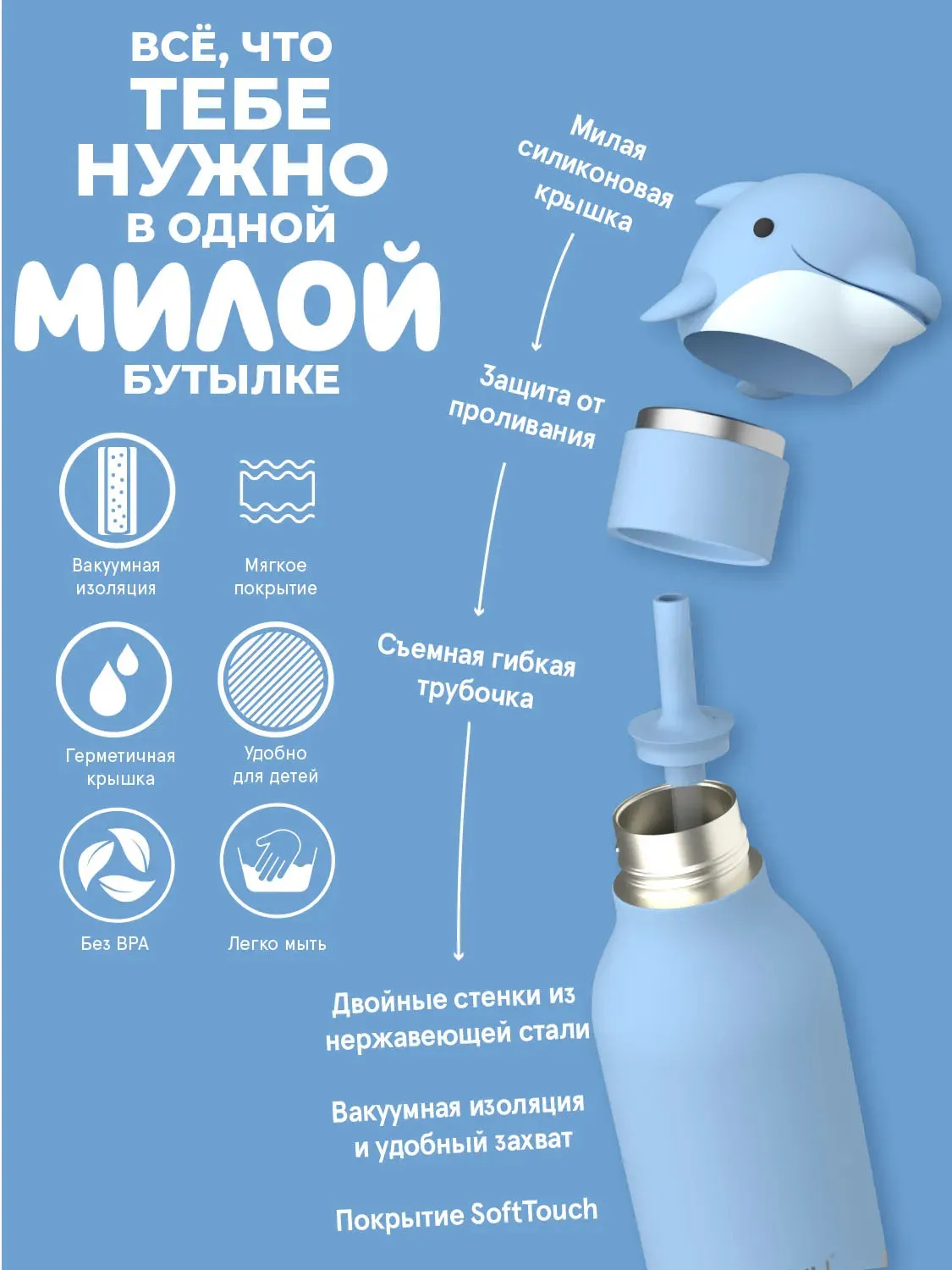 Бутылка Asobu Bestie для холодных и горячих напитков 460 мл, дельфин
