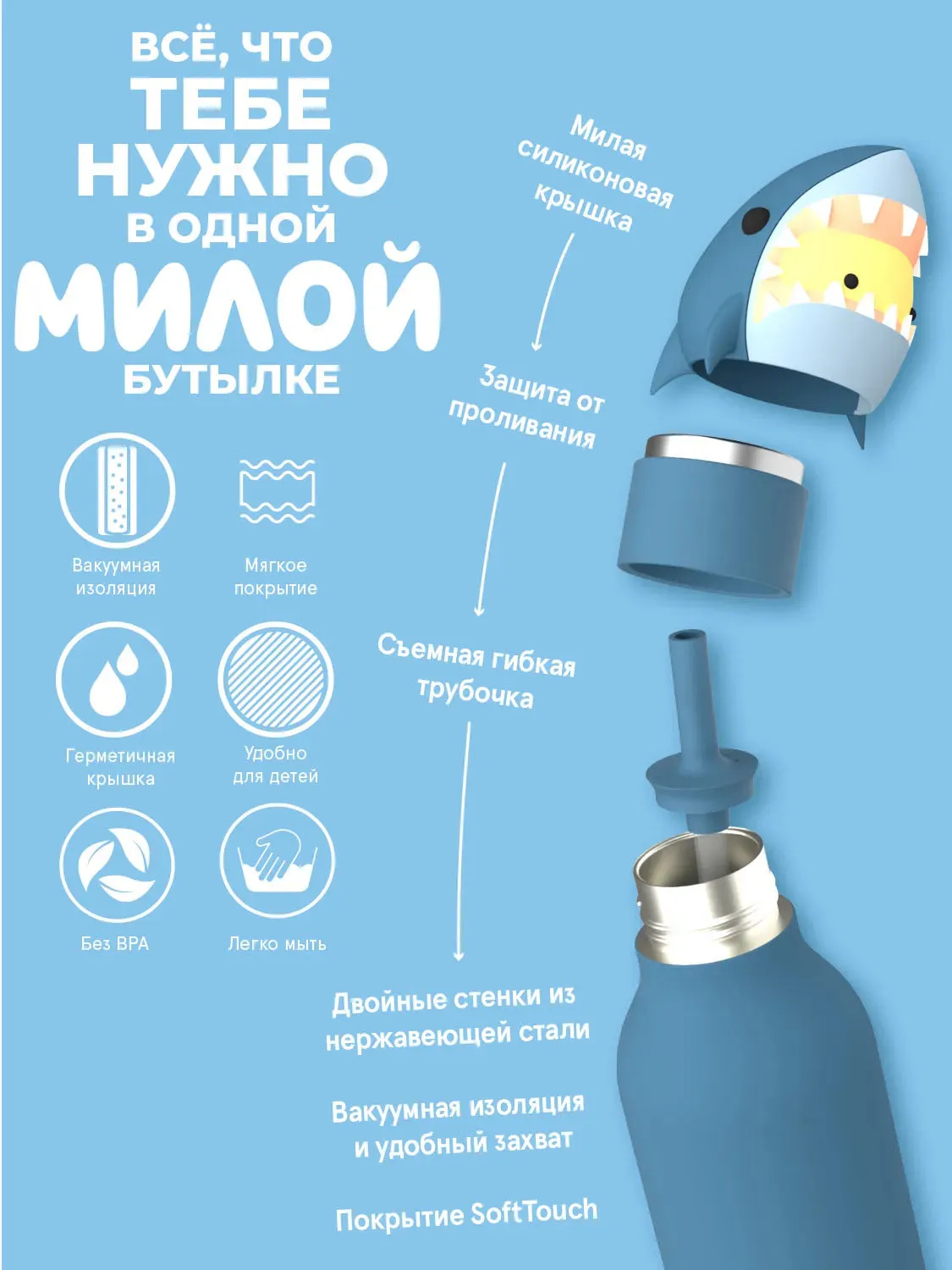Бутылка Asobu Bestie для холодных и горячих напитков 460 мл, акула