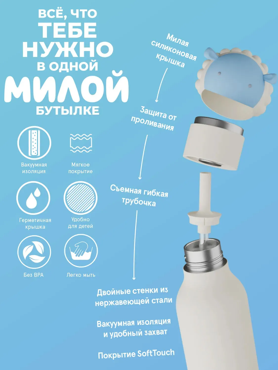 Бутылка Asobu Bestie для холодных и горячих напитков 460 мл, овечка